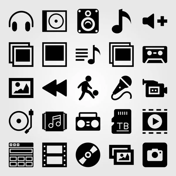 Icono multimedia set vector. casete, altavoz, disco compacto y hombre — Vector de stock