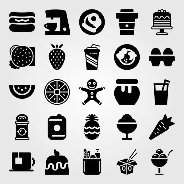 Yiyecek ve içecekler Icon set vektör. erişte, sebze, meşrubat ve turuncu