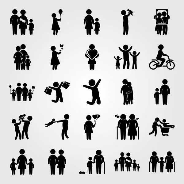 Menschen Icon Set Vektor. Frau mit Herz, Mädchen, Frau mit Luftballons und Schild — Stockvektor