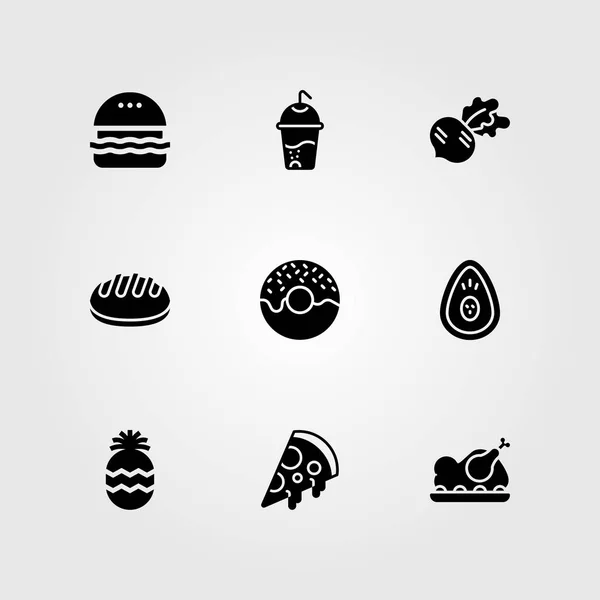 Alimentos y bebidas vector icono conjunto. rábano, aguacate, rosquilla y hamburguesa — Vector de stock