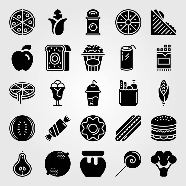 Alimentos y bebidas icono conjunto de vectores. hamburguesa, palomitas de maíz, hot dog y piruleta — Archivo Imágenes Vectoriales