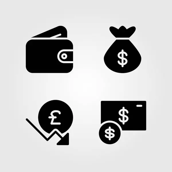 Ícones de dinheiro configurados. Carteira de ilustração vetorial, libra esterlina, dólar e saco de dinheiro —  Vetores de Stock