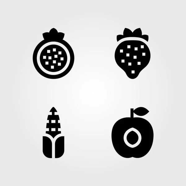 Frukt grönsaker vector Ikonuppsättning. jordgubbar, granatäpple, majs och aprikos — Stock vektor