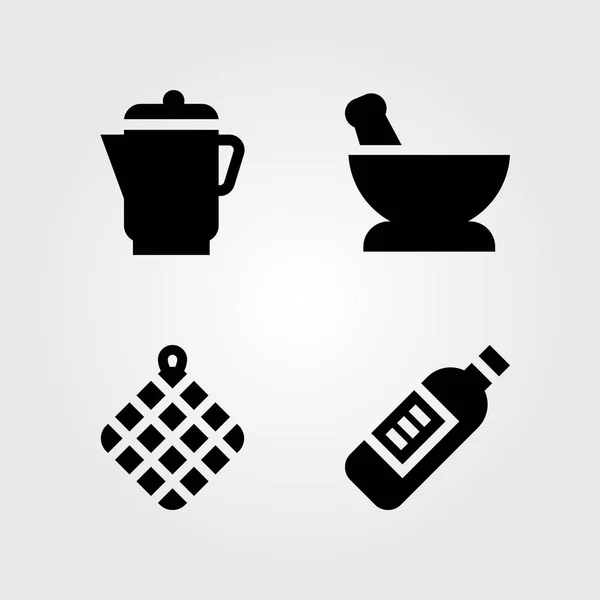 Keuken vector icon set. fles wijn, handdoek, waterkoker en mortel — Stockvector