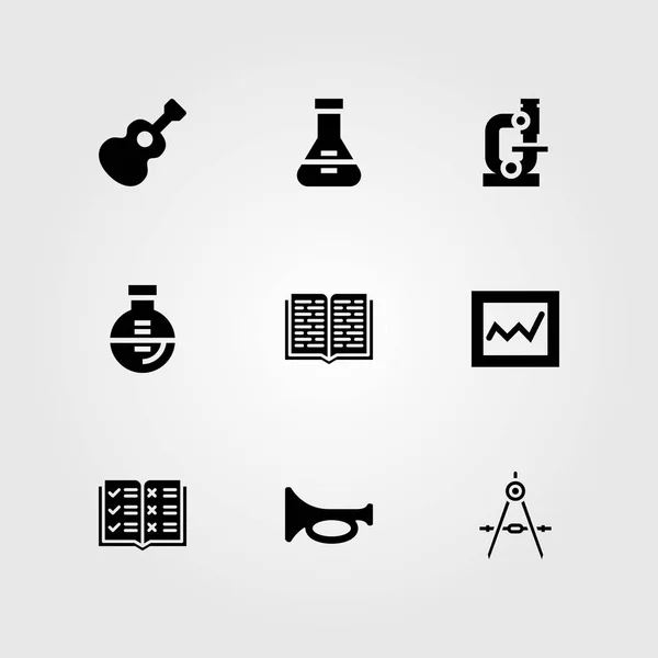 Onderwijs vector icon set. gitaar, kompas, kolf en open boek — Stockvector