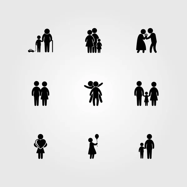 Icono humano vector conjunto. padre, mujer con corazón, madre e hijo y mujer con balón — Vector de stock