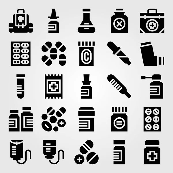 Conjunto de iconos de vector médico. tubo de ensayo, banda de ayuda, ayuda y banda — Archivo Imágenes Vectoriales