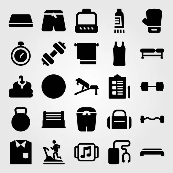 Conjunto de ícones vetoriais de fitness. haltere, leitor de música, camisa e kettlebell —  Vetores de Stock