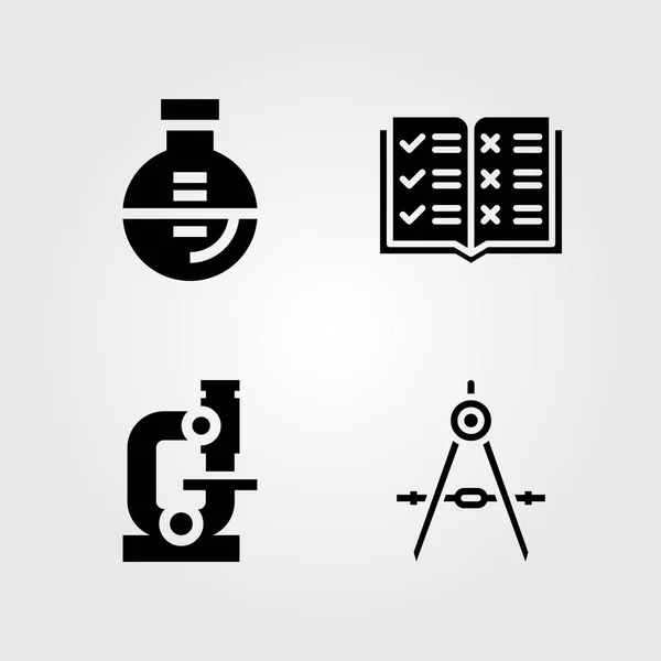 Education icons set. Vector illustration microscope, open book, compass and flask — Stock Vector