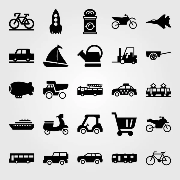 Conjunto de iconos de vector de transporte. caravana, carro, motocicleta y coche de golf — Vector de stock