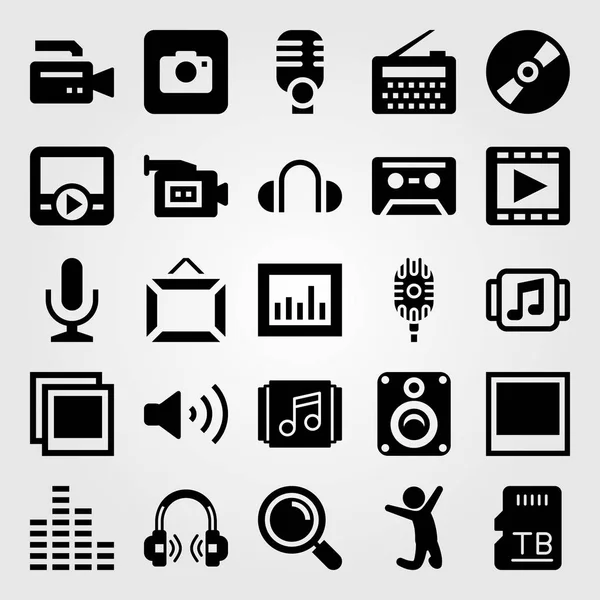 Ensemble d'icônes multimédia vectoriel. caméra vidéo, écouteurs, radio et barres de son — Image vectorielle