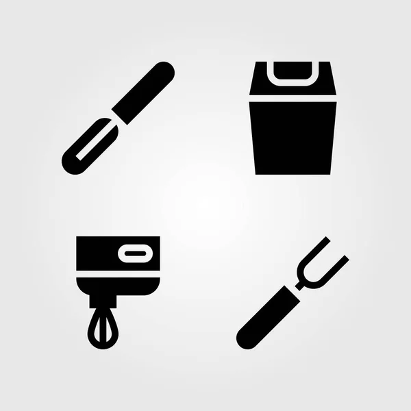 Kitchen vector icon set. fork, trash, peeler and mixer — Stock Vector