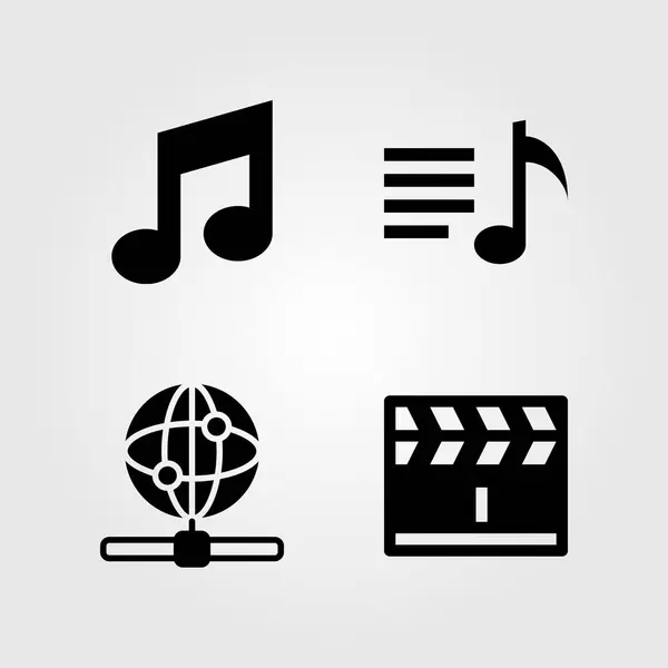 Conjunto de ícones multimídia. Ilustração vetorial nota musical, playlist, internet e clapperboard —  Vetores de Stock