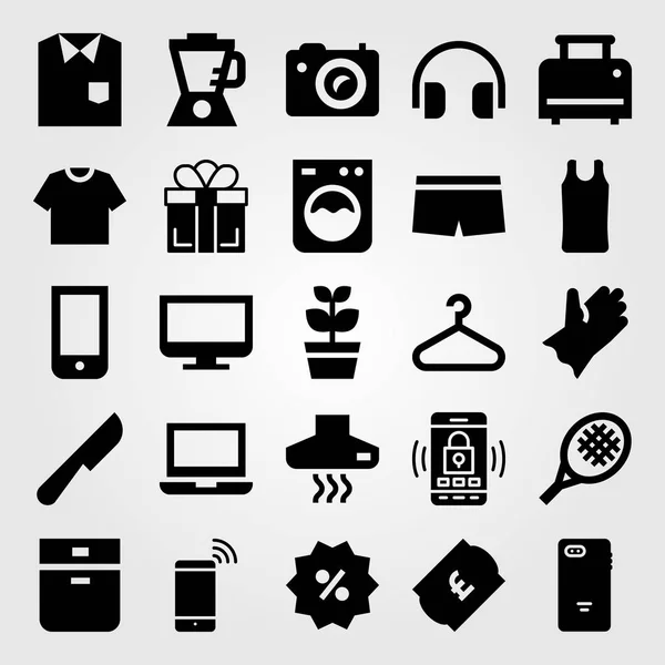 Ensemble d'icônes vectorielles shopping. raquette de tennis, ordinateur portable, chemise et mélangeur — Image vectorielle