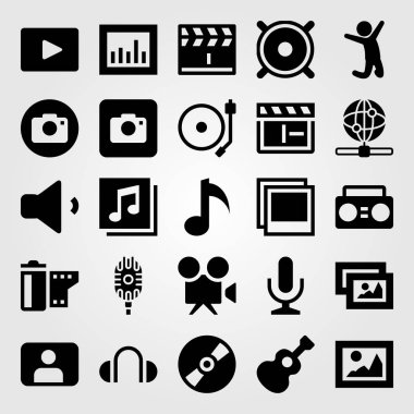 Çoklu ortam simgesini vektör ayarlayın. adam, mikrofon, kulaklık ve resim jumping