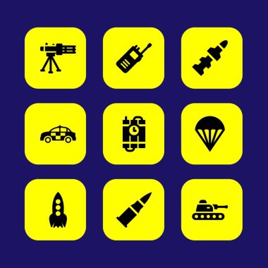Askeri vektör Icon set. dinamit, walkie talkie, roka ve paraşüt