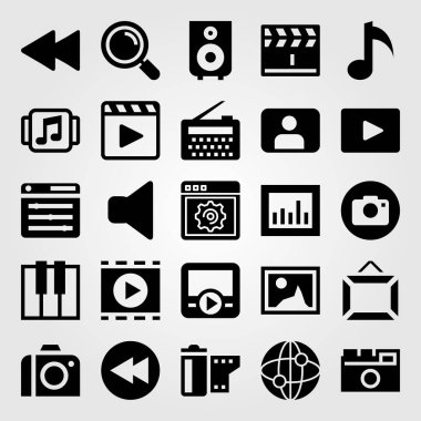 Multimedya vektör Icon set. radyo, filmi oynatın, müzik çalar ve analytics