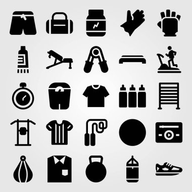 Fitness vektör Icon set. protein, kapsül, spor salonu eldiven ve spor barlar