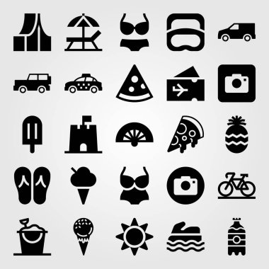 Yaz aylarında vektör Icon set. Jeep, bikini, güneş şemsiyesi ve çadır
