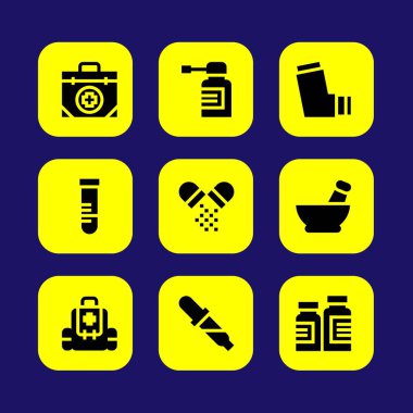 Tıp vektör Icon set. pipet, harç, ilaç ve ilk yardım kiti