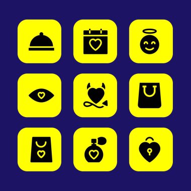 Sevgililer günü vektör Icon set. aşk göz, alışveriş çantası, melek ve plaka