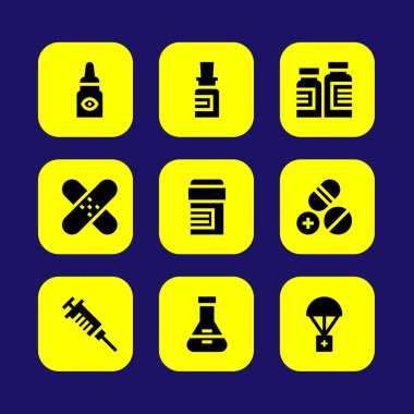 Tıp vektör Icon set. Göz damlaları, yama, hap ve şırınga