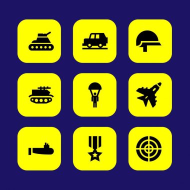 Askeri vektör Icon set. madalya, destroyer, paraşüt ve araba