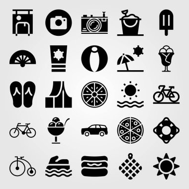 Yaz aylarında vektör Icon set. plaj, dondurma, deniz ve araba