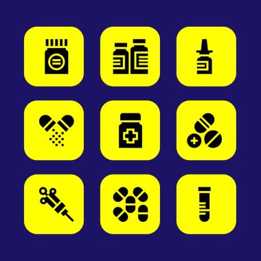 Tıp vektör Icon set. şırınga, tüp bebek, nazal sprey ve tüp