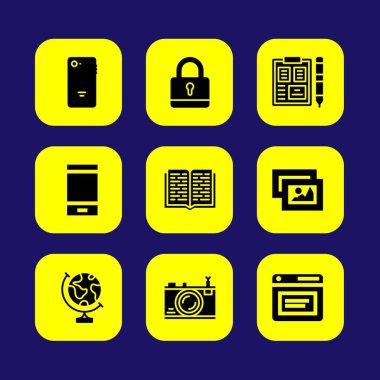 Temel vektör Icon set. Smartphone, Pano, tarayıcı ve açık kitap