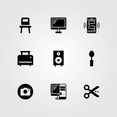 Alışveriş vektör Icon set. fotoğraf makinesi, pc, hoparlör ve tost makinesi