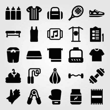 Fitness vektör Icon set. Top, giyim, kumaş ve tezgah Delme