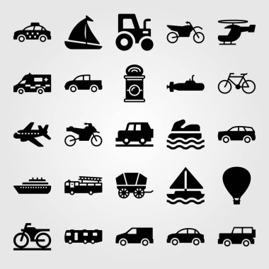 Ulaşım vektör Icon set. hava balonu, uçak, pikap ve can