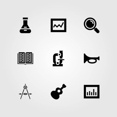 Eğitim vektör Icon set. Büyüteç, açık kitap, gitar ve trompet