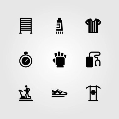 Fitness vektör Icon set. Eldivenler, ayakkabılar, kronometre ve çekme kadar bar