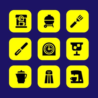 Mutfak vektör Icon set. Soyucu, kahve makinesi, çatal ve tuz shaker