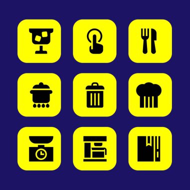 Mutfak vektör Icon set. kokteyl, Şef, çöp ve dokunun