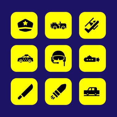 Askeri vektör Icon set. asker şapka, Araba, helikopter ve madde işareti