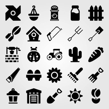 Bahçe simge vektör ayarlayın. traktör, kuş evi, iyi ve lamba