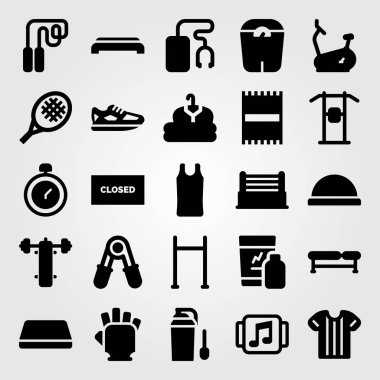 Fitness vektör Icon set. eldiven, Chronometre, yukarı çek ve tezgah basın