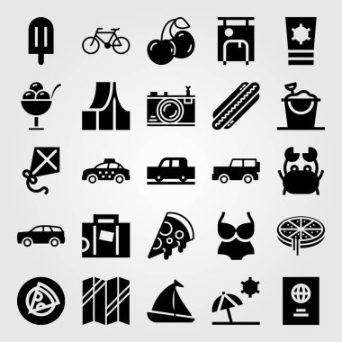 Yaz aylarında vektör Icon set. Araba, Mayo, harita ve yelkenli