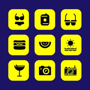 Yaz aylarında vektör Icon set. fotoğraf makinesi, bikini, karpuz ve deniz