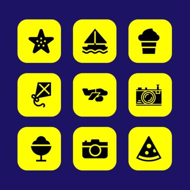 Yaz aylarında vektör Icon set. yelkenli, fotoğraf makinesi, dondurma ve deniz yıldızı