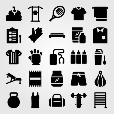 Fitness vektör Icon set. yukarı çekin bar, giyim, pantolon ve tezgah