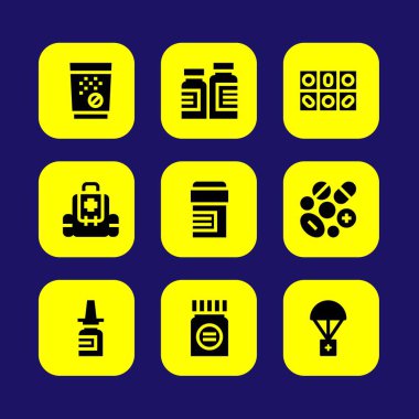 Tıp vektör Icon set. Tıp, tablet, yardım ve hapları