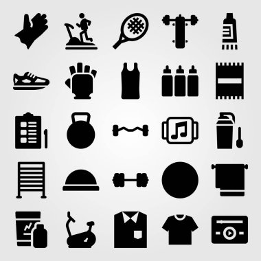Fitness vektör Icon set. gömlek, spor salonu eldiven, spor bar ve tenis raketi