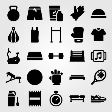 Fitness vektör Icon set. gömlek, top, tenis raketi ve mat Delme