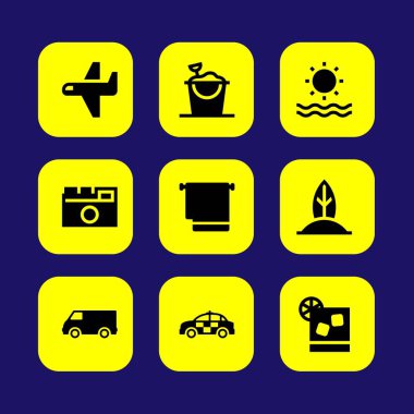 Yaz aylarında vektör Icon set. Deniz, kamyon, van ve uçak