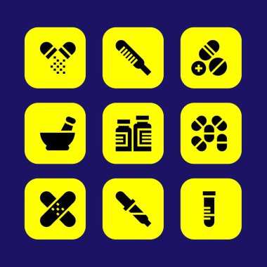 Tıp vektör Icon set. harç, pipet, hap ve termometre