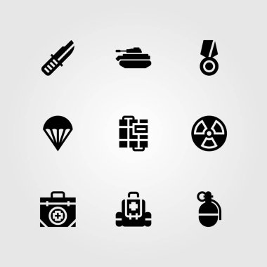 Silah vektör Icon set. paraşüt, bıçak, madalya ve tank